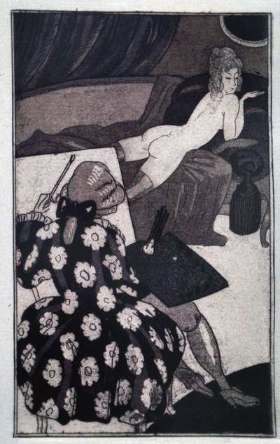 エロチシズム: ジャコモ・カサノバ (1725-1798) は、ソファーでだらしなく裸の細長い愛人を描いている (エッチング) 作： Sylvain Sauvage