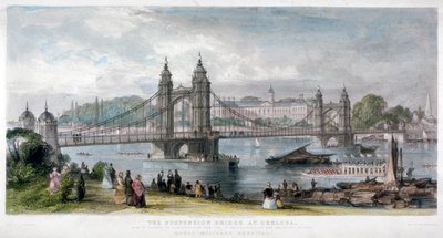 1852 年、ロンドン、チェルシーの吊り橋の眺め。 作： TA Prior