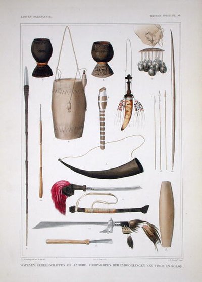 東ティモールの武器と祭具（「Verhandelingen over de Natuurlijke Geschiedenis Nederlandsche overzeesche Bezittingen」第1巻、Coenraad Jacob Temminck著、Salomon Muller彫刻、1839-44年発行（カラーリトグラフ）より）。 作： T.C. (after) Bruining