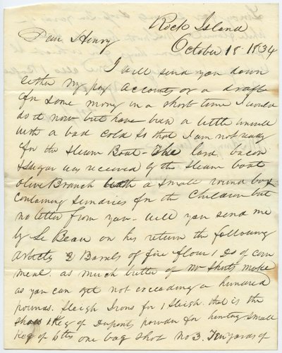 1834年10月18日、ロックアイランドのT.F.SmithからMo州セントルイスのHenry Chouteauへの署名入り手紙 作： T.F. Smith
