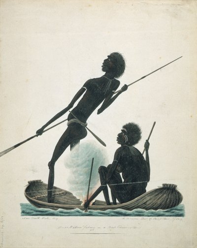 1819年、樹皮カヌーで釣りをする先住民 作： T.R. Browne