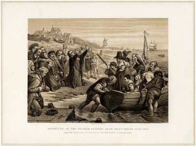 「1620 年 7 月、デルフト ヘブンからの巡礼者の出発」、19 世紀。 作： T Bauer