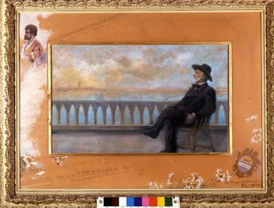 イタリアの作曲家ジュゼッペ・ヴェルディ(1813-1901)のヴェネツィアでの肖像。1897年に作曲家が歌手のタマーニョに寄贈したT.ビアンコのパステル画。 作： T. Bianco