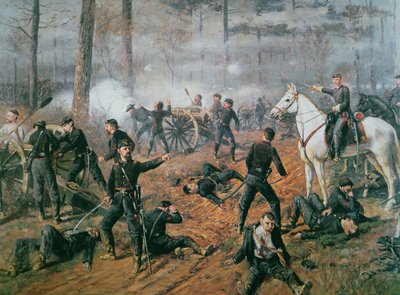 1862年4月、シャイローの戦いでホーネットの巣に入ったヒッケンルーパー大尉の砲台（カラーリトグラフ版 作： T. C. Lindsay