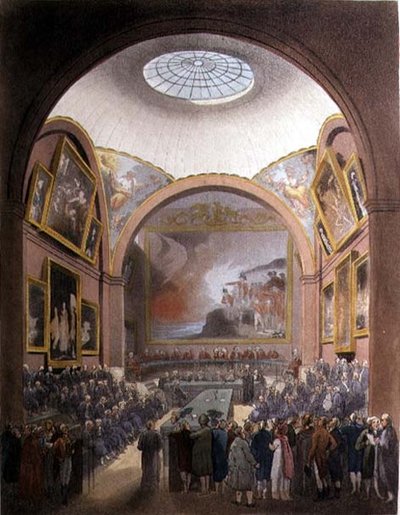 J.ブラック(fl.1791-1831)の彫刻、ルドルフ・アッカーマン(1764-1834)が1808年に出版した「ロンドンの小宇宙」より、ギルドホールの常任理事会室(アクアチント) 作： T. and Pugin A.C. Rowlandson