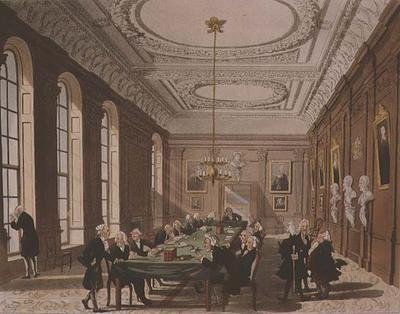アッカーマンの「ロンドンの小宇宙」から見た医師団（カラー彫刻版 作： T. and Pugin A.C. Rowlandson