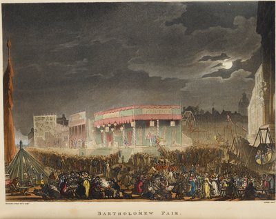 バーソロミューフェア。 1813 年に初めて開催されたこのイベントは、毎年 8 月にスミスフィールドの近くで開催され、ロンドンで最も長く続いているストリート シアターでした。 作： T. & Pugin A.C. (1762 1832) (after) Rowlandson