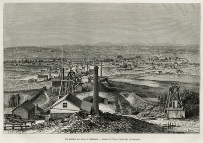サンドハースト鉱山の全景。1878年に公教育省から派遣されたDesire Charnayによるオーストラリアでの6ヶ月間の物語を説明するためにTaylorが描いた絵の後に彫られたもので、tour du monde誌に掲載されています。 作： T Taylor