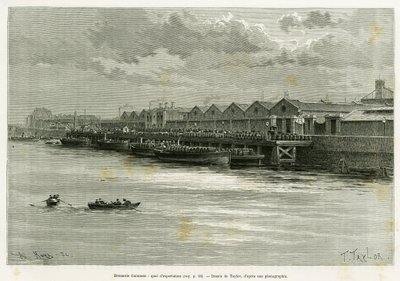 ギネス醸造所、輸出ドック。1889年にマリー・アンヌ・ドゥ・ボヴェが描いた「Trois mois en Irlande」の挿絵をテイラーが描いたもので、エドゥアール・シャルトン（1807-1890）が監督した「le tour du monde 1890」に収録されています。 作： T Taylor