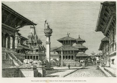 パタン（現在のラリトプール）の王宮の場所。エドゥアール・シャルトン（1807-1890）監督の『le tour du monde 1886』に収録されているギュスターヴ・ル・ボン博士（1841-1931）の『Voyage au Nepal』の物語を説明するためのテイラーによるエングレーヴィング。 作： T Taylor