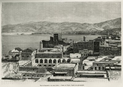 ベイルートとレバノン山の眺め。1875年から1878年にかけて公教育省から派遣されたリヨン医学部の学部長ロルテ氏が、今日のシリアの様子を説明するためにテイラーが描いた絵をもとに作成したもの。 作： T Taylor