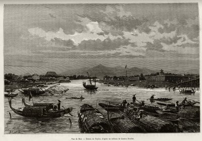 フエ（ベトナム）の風景。ソンフオン川の航行とティエンムー・パゴダの説明がある。1885年、Charles Edouard Hocquard（1853-1911）博士による物語「Trente mois au Tonkin」を説明するためにTaylorが描いたエングレーヴィング。 作： T Taylor