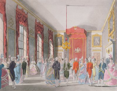 セントジェームズの応接室、ジョン・ブラック（fl.1791-1819）によって刻まれ、アッカーマンの「芸術のリポジトリ」によって出版されました 作： T. and Pugin A.C. Rowlandson