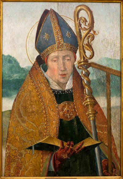 Saint Blaise - Brother Carlos (1517 年から 1544 年の間に活動したフランダースの画家) のワークショップからの絵画、1530 年頃の木に油彩 (St Blaise、Friar Carlos (1517-1544 の間活動) のワークショップによる、パネルに油彩、1530 年頃) ) - エヴォラ美術館 (ポルトガル) 作： Taborda Vlame Frey (worshop of) Carlos