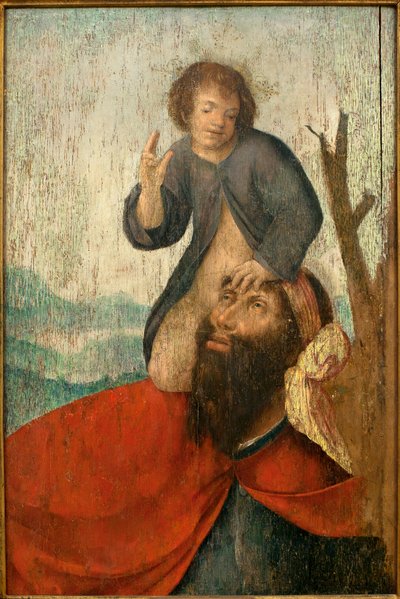 聖クリストファー - ブラザー カルロス (フランダースの画家、1517 年から 1544 年の間に活動) のワーク ショップからの絵画、1530 年頃の木に油彩 (聖クリストファー、修道士カルロス (1517-1544 の間活動) のワーク ショップによる)、パネルに油彩、1530 年頃 ) - エヴォラ美術館 作： Taborda Vlame Frey (worshop of) Carlos
