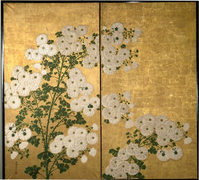 花で飾られた屏風パネル。 c. 1840年（金箔漆塗り） 作： Tabukun Hokio