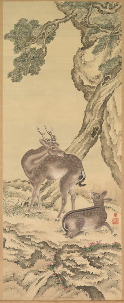 長寿のシンボル：桃と松の下の鹿（左）、一対の掛け軸 作： Tadanaka Toda
