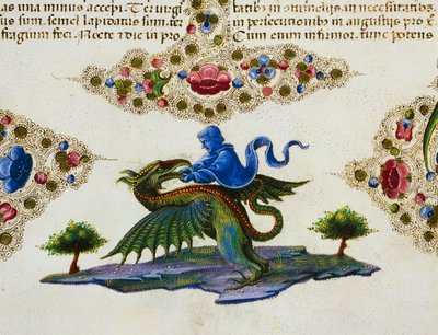 天才の姿と翼のある怪物が描かれたページの足元の縁飾り、第2巻 f 198, v, ボルソ・デステの聖書、Taddeo Crivelli (1425-1479)と助手、ラテン語写本 作： Taddeo Crivelli
