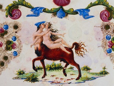 ケンタウロスと女性像、第2巻f287、v、ボルソ・デステの聖書、Taddeo Crivelli（1425-1479）とアシスタント、ラテン語の手稿 作： Taddeo Crivelli
