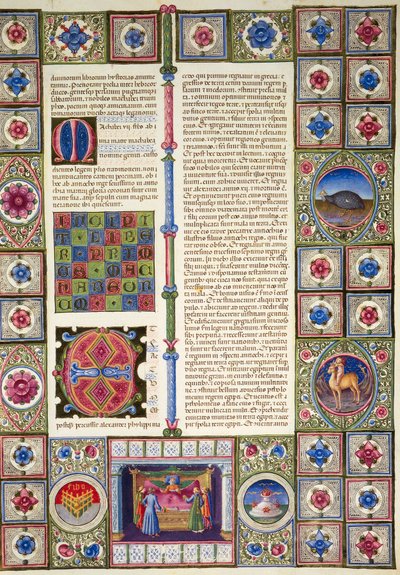 Taddeo Crivelli (1425-1479)らによって彩色されたボルソ・デステの聖書第2巻の預言者ハガイの書のインシピット、ラテン語写本422-423、フォリオ103、裏面、羊皮紙 作： Taddeo Crivelli