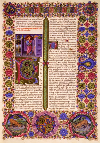 パウロのテサロニケ人への第一の手紙、ボルソ・デステの聖書第二巻より、Taddeo Crivelli (1425-1479)らによる彩色、ラテン語写本422-423、フォリオ206、長方形、羊皮紙。 作： Taddeo Crivelli