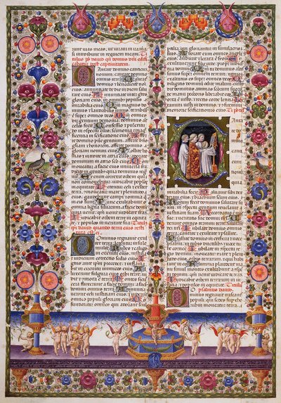 詩篇集、ボルソ・デステの聖書第1巻より、タッデオ・クリヴェッリ（1425-1479）らによる彩色、ラテン語写本422-423、羊皮紙、1455-1461年、イタリア、15世紀 作： Taddeo Crivelli