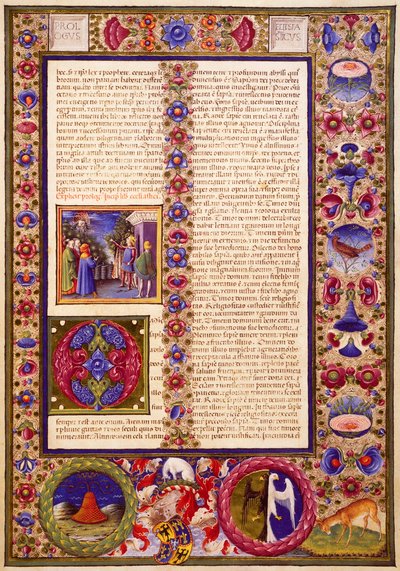 Taddeo Crivelli (1425-1479)らによって彩色された『ボルソ・デステの聖書』第1巻の『シラハの書』、ラテン語原稿422-423、フォリオ293、長方形、羊皮紙。 作： Taddeo Crivelli