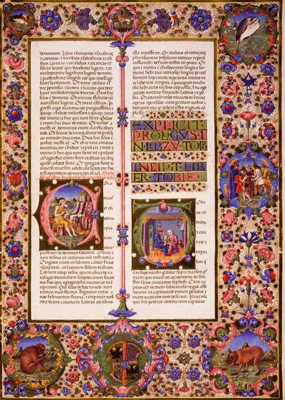 Taddeo Crivelli (1425-1479)らによって彩色された『ボルソ・デステの聖書』第1巻の「トビアスの書」、ラテン語写本422-423、フォリオ212、長方形、羊皮紙。 作： Taddeo Crivelli