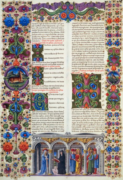 ヤコブの手紙、ボルソ・デステの聖書第2巻、Taddeo Crivelli (1425-1479)らによる彩色、ラテン語写本422-423、フォリオ229、裏面、羊皮紙。 作： Taddeo Crivelli