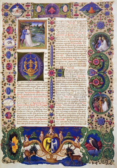 Taddeo Crivelli (1425-1479)らによって彩色された『ボルソ・デステの聖書』第1巻の「歌」、ラテン語写本422-423、フォリオ284、長方形、羊皮紙。 作： Taddeo Crivelli