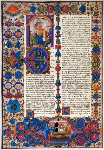 Taddeo Crivelli (1425-1479)らによって彩色されたボルソ・デステの聖書第1巻からの出エジプト記、ラテン語写本422-423、フォリオ205、裏面、羊皮紙 作： Taddeo Crivelli