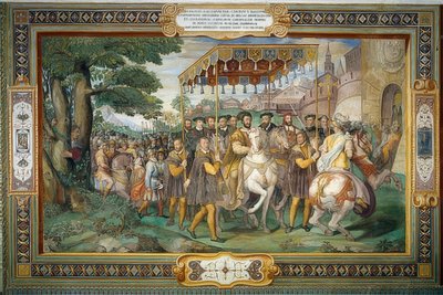 フランシス1世は1540年にパリでチャールズ5世と枢機卿アレッサンドロファルネーゼを受け取ります。1559 作： Taddeo Zuccari