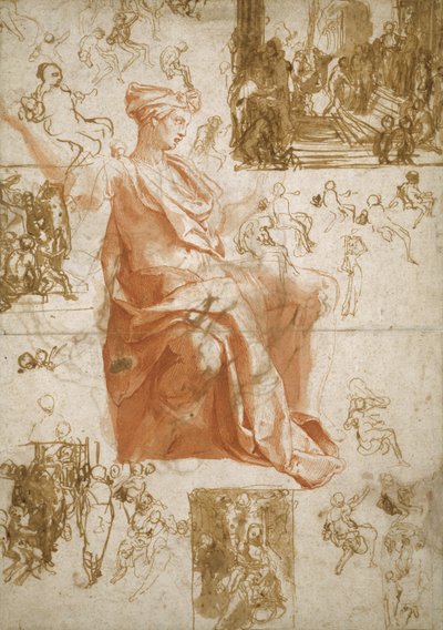 エリマスの盲目化、リストラでの犠牲、そして聖家族のための研究シート、c.1558 作： Taddeo Zuccaro