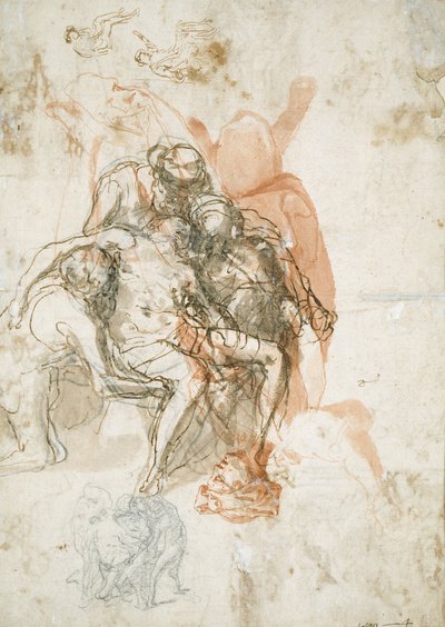 人を支える3人の人物、同じ人物の小さなスケッチ、エリマスの目隠しのための習作 作： Taddeo Zuccaro