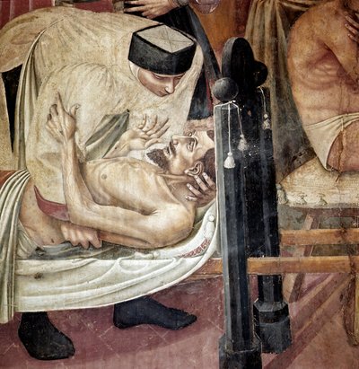 病院での病人のケア、担架に横たわる負傷者を介助する看護師」詳細。Taddeo di Bartolo (1363-1422) によるフレスコ画 14世紀 Siena, Spedale di Santa Maria della Scala 作： Taddeo di Bartolo
