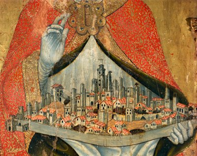 サン・ジミニャーノの町の眺め、家々とモニュメント、細部（絵画 作： Taddeo di Bartolo