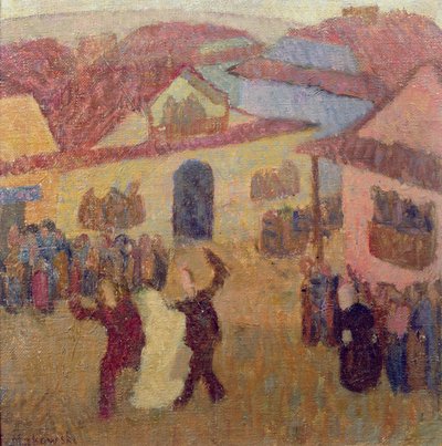 町でのユダヤ人の結婚式（船上のキャンバスに油彩） 作： Tadeusz Makowski