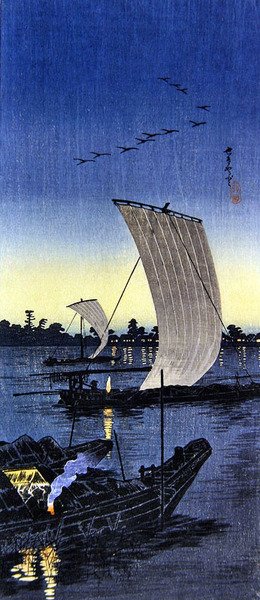 関宿の納涼船（カラー木版画） 作： Takahashi  Hiroaki