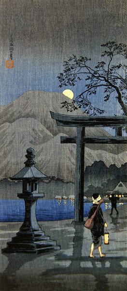 灯籠と鳥居（カラー木版画） 作： Takahashi  Hiroaki