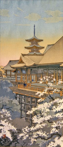 寺院と花咲く木（カラー木版画） 作： Takahashi  Hiroaki