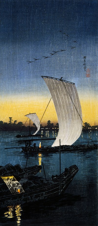 関宿の夕景、1930年頃（おたんじょうび木版画 作： Takahashi  Hiroaki