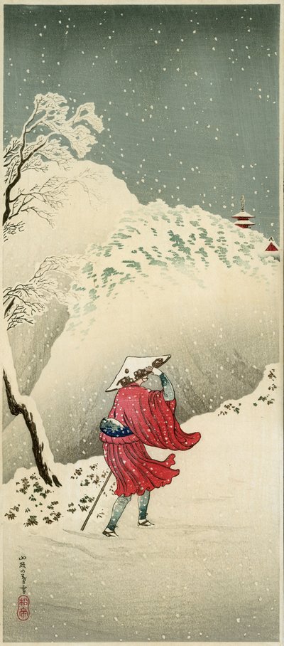 雪の中の旅人（カラー木版画 作： Takahashi  Hiroaki