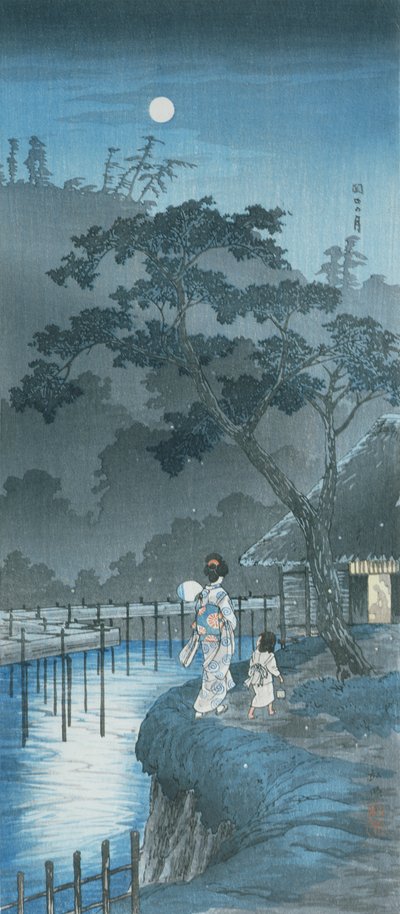 女と子供と月（カラー木版画 作： Takahashi  Hiroaki