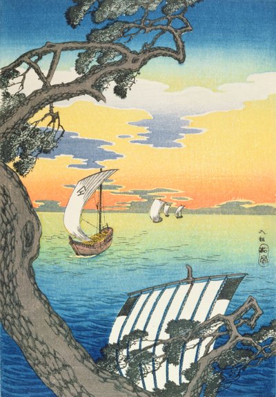 帰りのボート、1930年代頃（カラーの木版画） 作： Takahashi Hiroaki