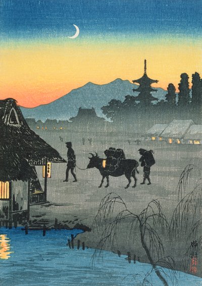 村に戻る、1930年代（カラーの木版画） 作： Takahashi Hiroaki