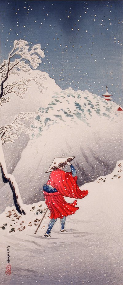 雪の降る夜、山道を歩く 作： Takahashi Hiroaki