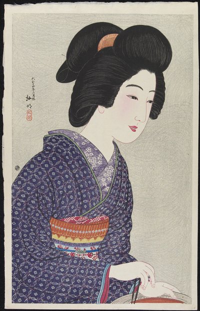 1925年2月、火鉢に座っている女性 作： Takahashi Hiroaki