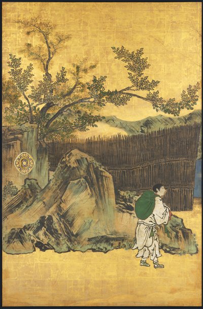 フォーからの囲碁 成果、17 世紀初頭 (スライド スクリーン; 紙にインク、色、金) 作： Takanobu Kano