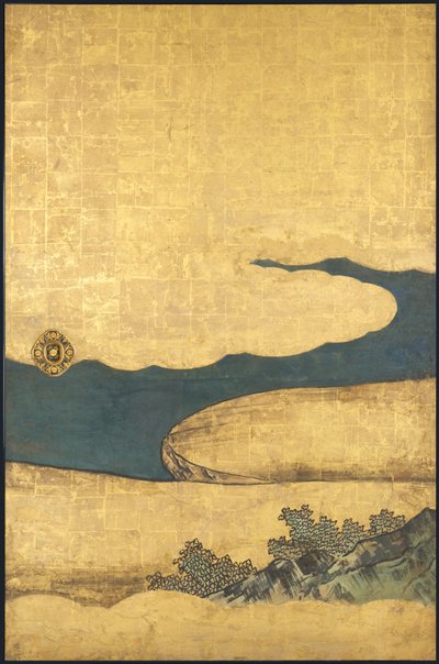 フォーからの囲碁 成果、17 世紀初頭 (スライド スクリーン; 紙にインク、色、金) 作： Takanobu Kano