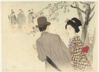 山高帽と傘を持った男と着物姿の女性 作： Takeuchi Keishū